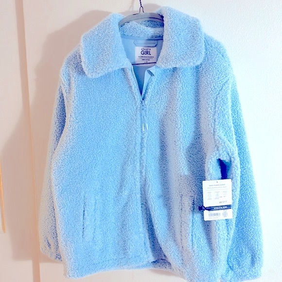 NWT Athleta girl teddy fleece zip up jacket in light blue color size 12 - Picture 4 of 12